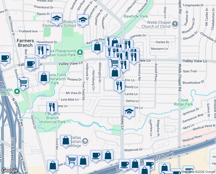 map of restaurants, bars, coffee shops, grocery stores, and more near 2812 Lineville Drive in Farmers Branch