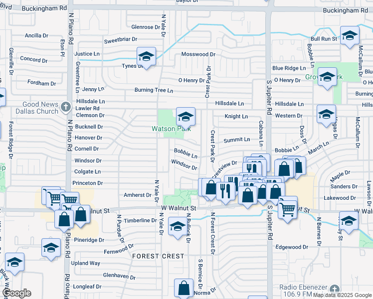 map of restaurants, bars, coffee shops, grocery stores, and more near 3814 Bobbie Lane in Garland