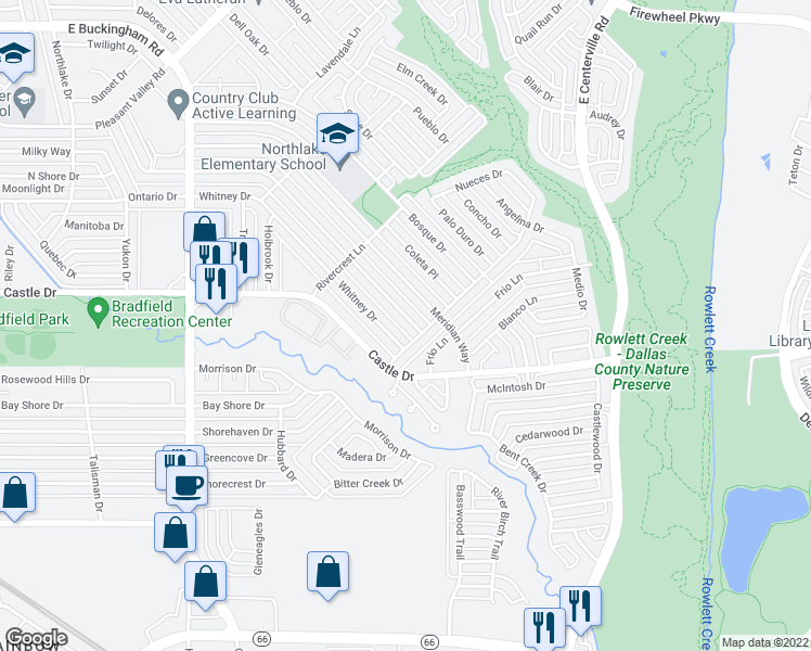 map of restaurants, bars, coffee shops, grocery stores, and more near 1926 Whiteoak Drive in Garland