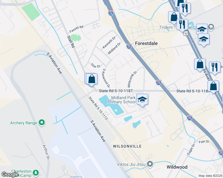 map of restaurants, bars, coffee shops, grocery stores, and more near 2592 Midland Park Road in North Charleston