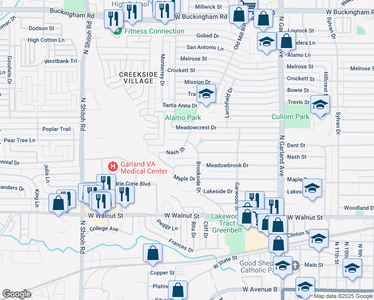 map of restaurants, bars, coffee shops, grocery stores, and more near 1628 Nash Street in Garland