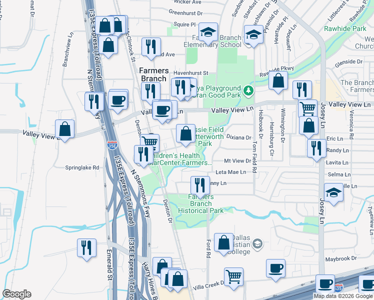 map of restaurants, bars, coffee shops, grocery stores, and more near 13000 William Dodson Parkway in Farmers Branch