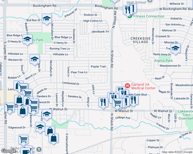 map of restaurants, bars, coffee shops, grocery stores, and more near 2605 Centennial Drive in Garland