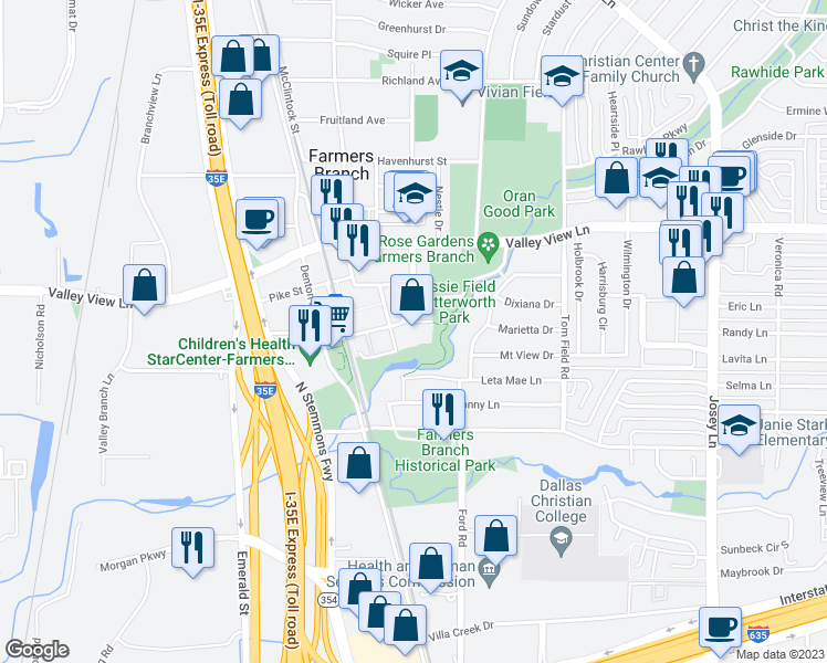 map of restaurants, bars, coffee shops, grocery stores, and more near 13000 William Dodson Parkway in Farmers Branch