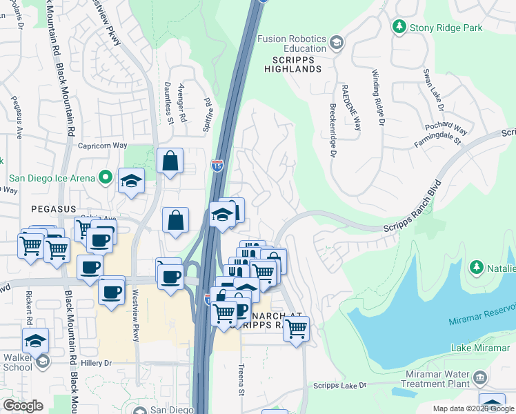 map of restaurants, bars, coffee shops, grocery stores, and more near 9971 Scripps Westview Way in San Diego