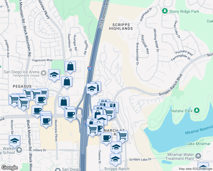 map of restaurants, bars, coffee shops, grocery stores, and more near 9971 Scripps Westview Way in San Diego