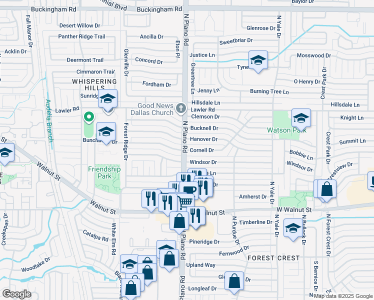 map of restaurants, bars, coffee shops, grocery stores, and more near Cornell Drive in Garland