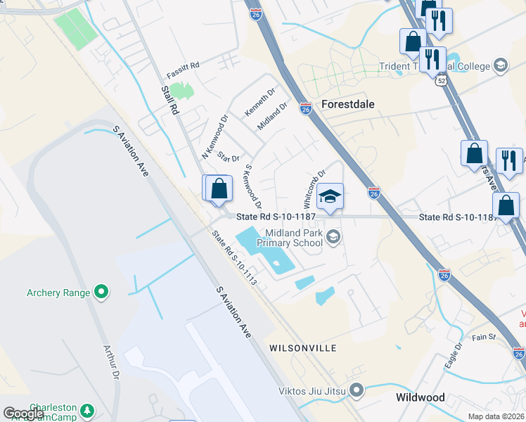map of restaurants, bars, coffee shops, grocery stores, and more near 6904 South Kenwood Drive in Charleston