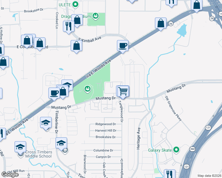 map of restaurants, bars, coffee shops, grocery stores, and more near 2950 Mustang Drive in Grapevine