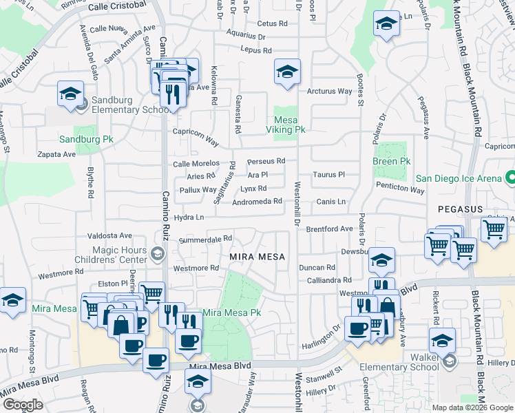 map of restaurants, bars, coffee shops, grocery stores, and more near 8635 Hydra Lane in San Diego