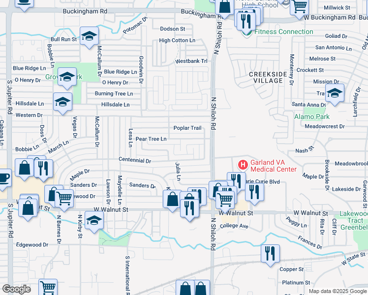 map of restaurants, bars, coffee shops, grocery stores, and more near 2605 Centennial Drive in Garland