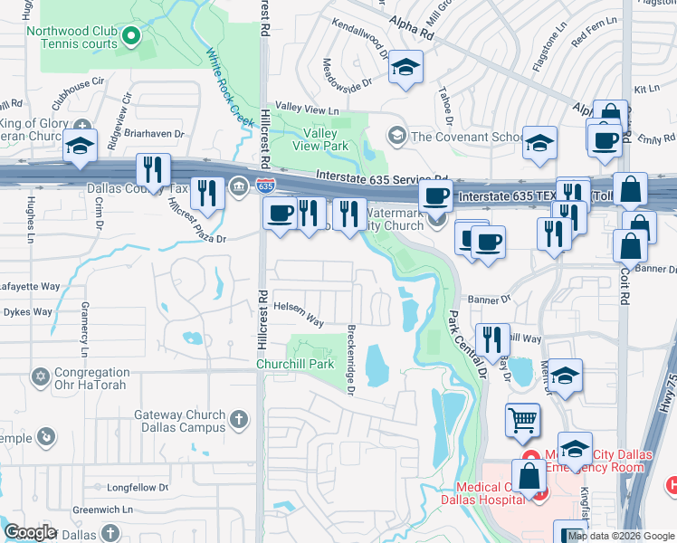 map of restaurants, bars, coffee shops, grocery stores, and more near 7057 Helsem Way in Dallas