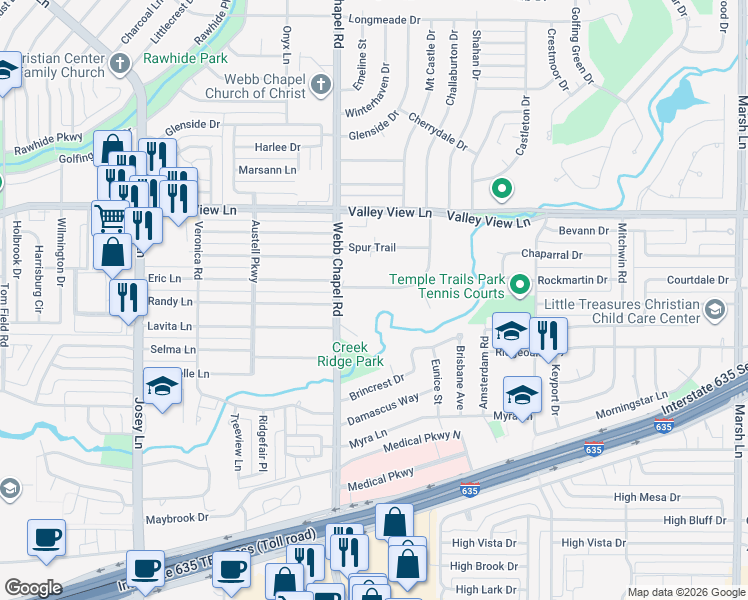 map of restaurants, bars, coffee shops, grocery stores, and more near 3116 Brookhollow Drive in Farmers Branch