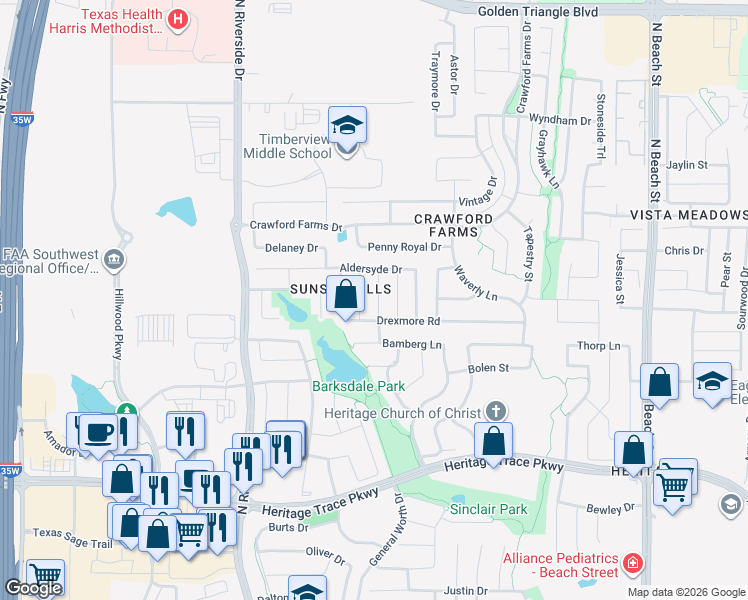 map of restaurants, bars, coffee shops, grocery stores, and more near 9900 Channing Road in Fort Worth