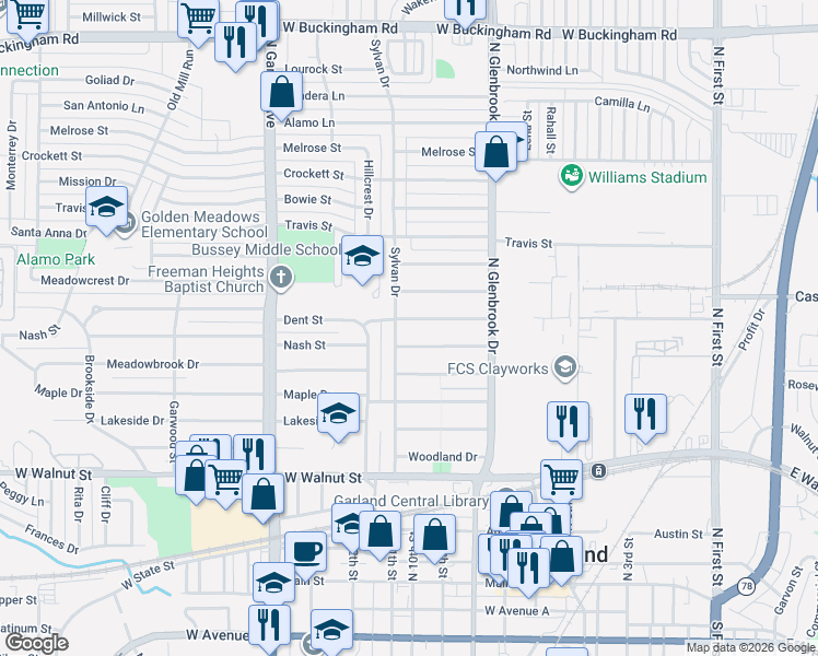 map of restaurants, bars, coffee shops, grocery stores, and more near 801 Sylvan Drive in Garland