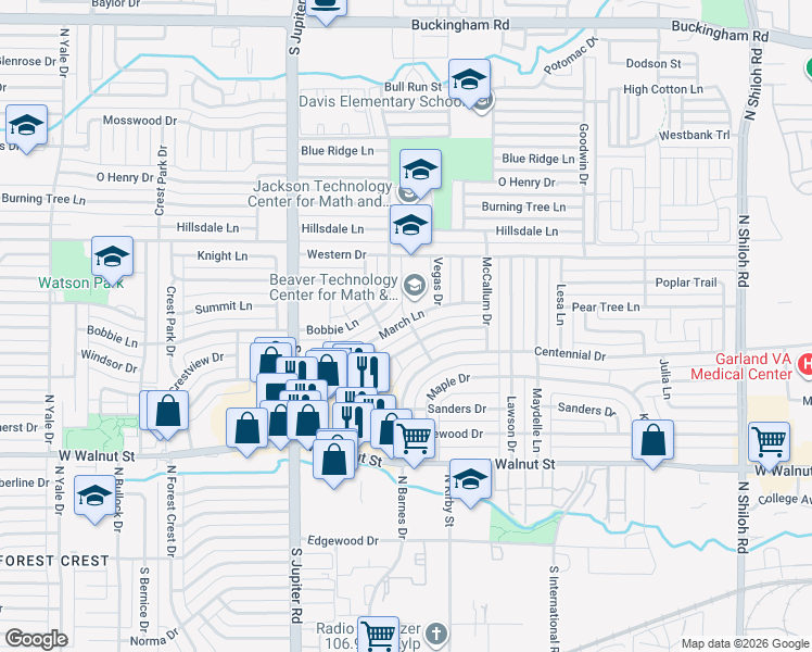 map of restaurants, bars, coffee shops, grocery stores, and more near 3202 Lariat Lane in Garland