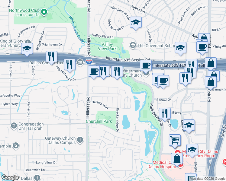 map of restaurants, bars, coffee shops, grocery stores, and more near 7057 Helsem Way in Dallas