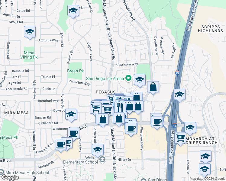 map of restaurants, bars, coffee shops, grocery stores, and more near 9346 Galvin Avenue in San Diego