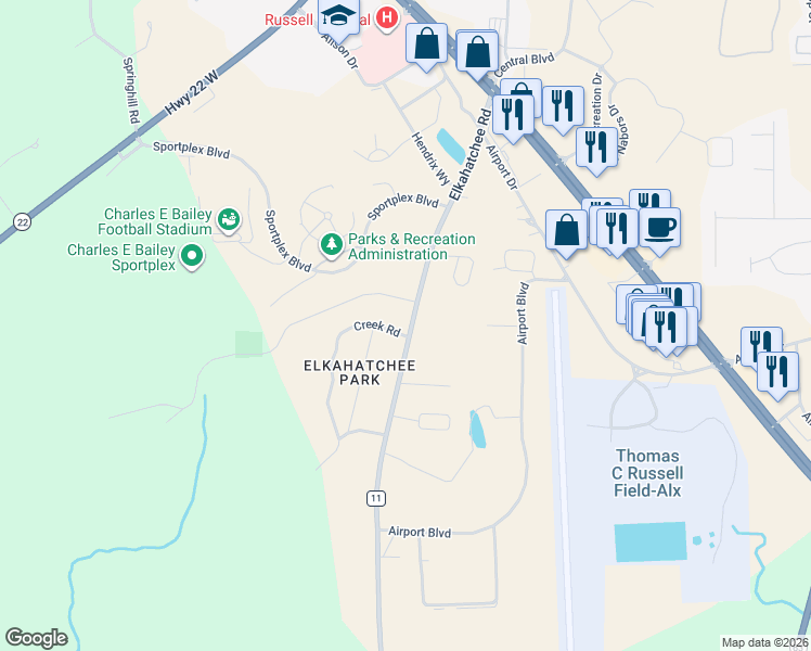 map of restaurants, bars, coffee shops, grocery stores, and more near 1822-1984 Elkahatchee Road in Alexander City