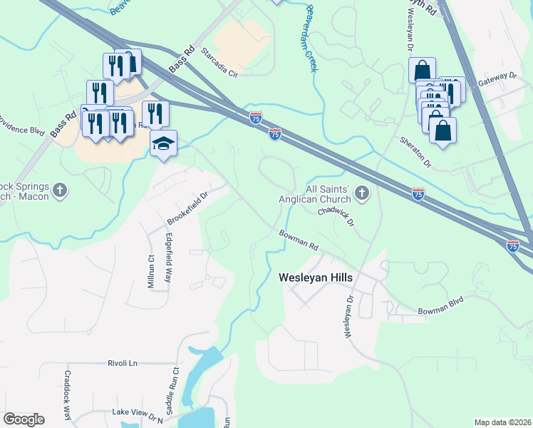 map of restaurants, bars, coffee shops, grocery stores, and more near 5216 Bowman Road in Macon