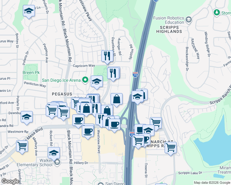 map of restaurants, bars, coffee shops, grocery stores, and more near 11195 Lee Way in San Diego