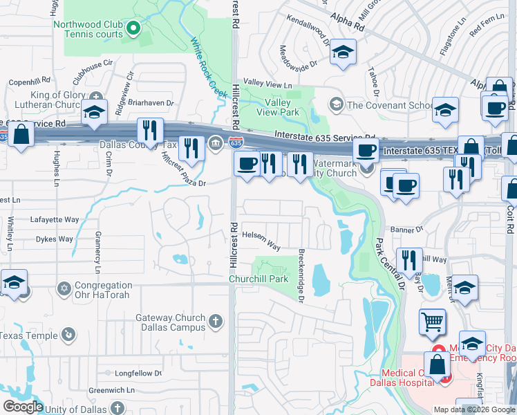 map of restaurants, bars, coffee shops, grocery stores, and more near 7021 Helsem Way in Dallas