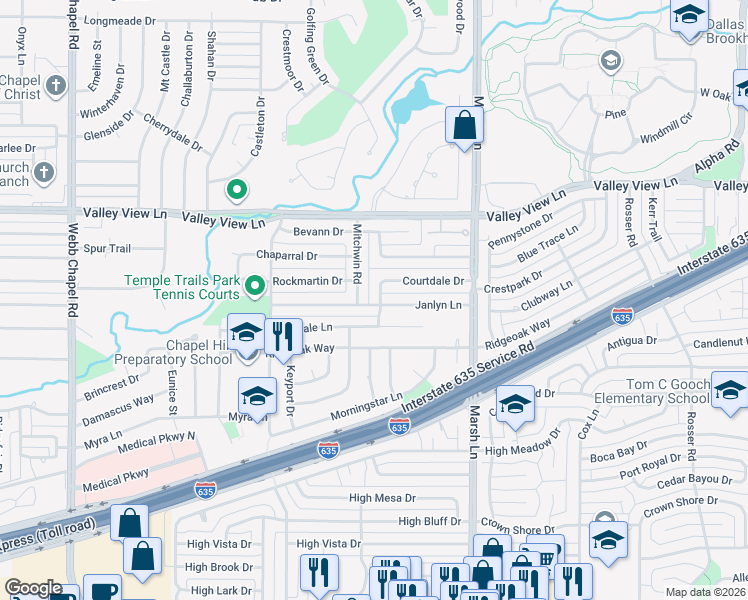 map of restaurants, bars, coffee shops, grocery stores, and more near 3537 Cloverdale Lane in Farmers Branch