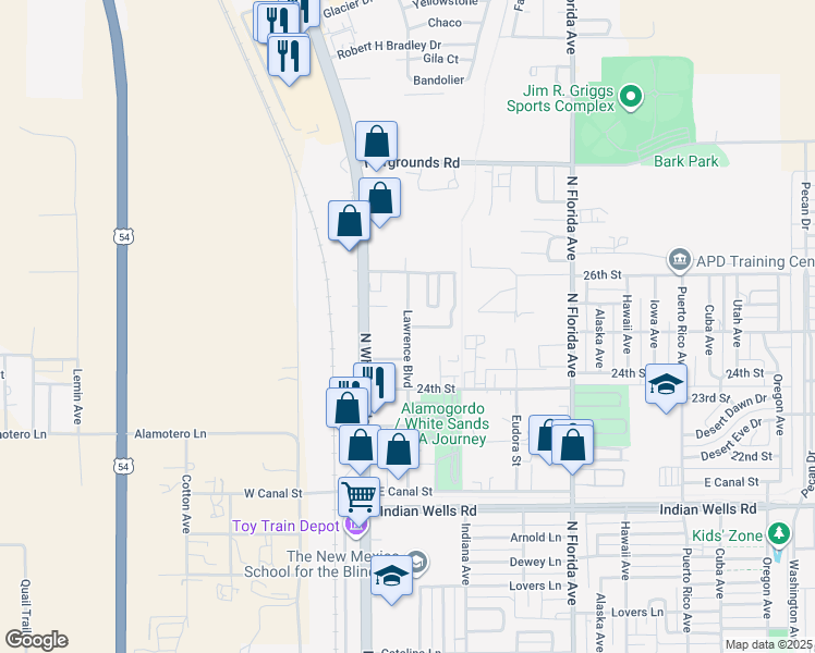 map of restaurants, bars, coffee shops, grocery stores, and more near 2660 Lawrence Boulevard in Alamogordo