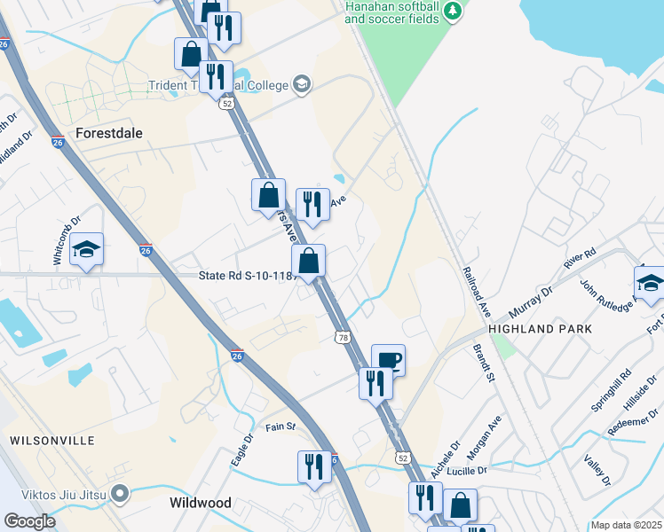 map of restaurants, bars, coffee shops, grocery stores, and more near 6880 Rivers Avenue in North Charleston