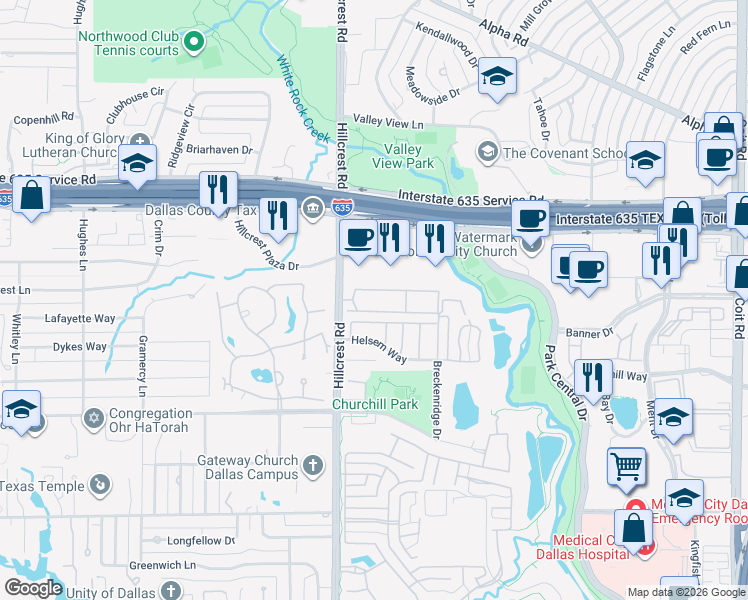 map of restaurants, bars, coffee shops, grocery stores, and more near 7021 Helsem Way in Dallas