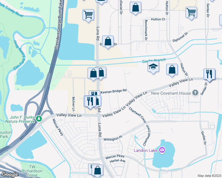 map of restaurants, bars, coffee shops, grocery stores, and more near 1641 Keenan Bridge Road in Farmers Branch