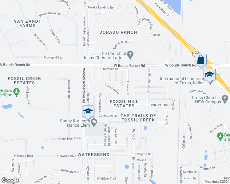 map of restaurants, bars, coffee shops, grocery stores, and more near 10509 Fossil Hill Drive in Fort Worth
