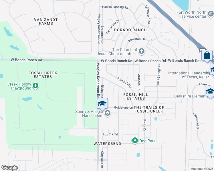 map of restaurants, bars, coffee shops, grocery stores, and more near 10512 Rising Knoll Lane in Fort Worth
