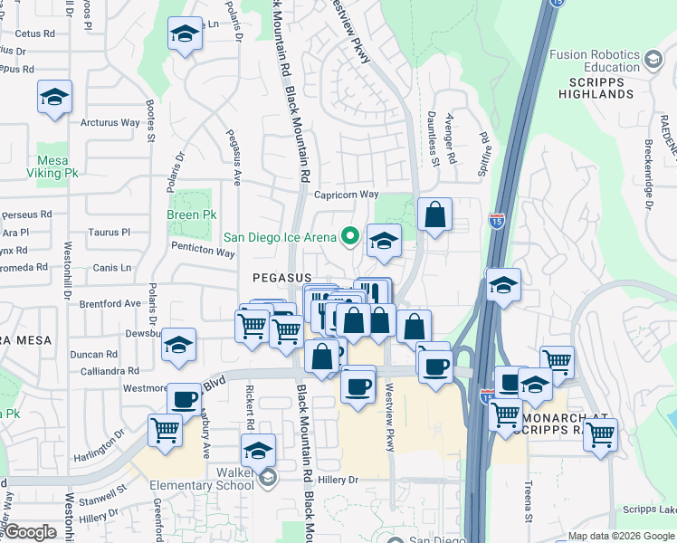 map of restaurants, bars, coffee shops, grocery stores, and more near 9516 Galvin Avenue in San Diego