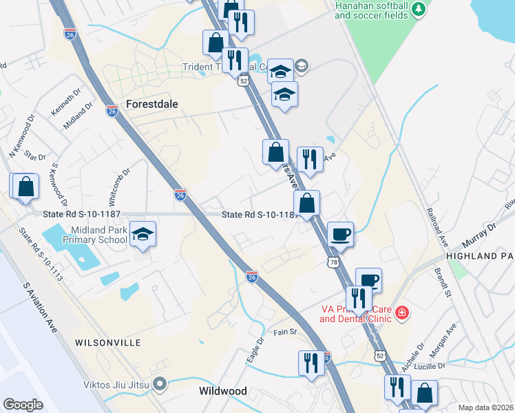 map of restaurants, bars, coffee shops, grocery stores, and more near 1 Midland Park Road in North Charleston