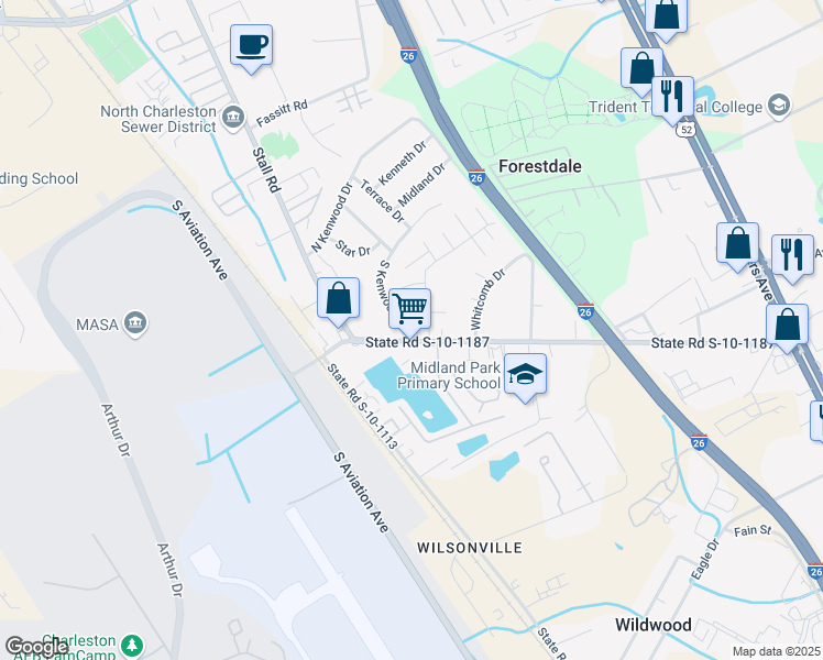 map of restaurants, bars, coffee shops, grocery stores, and more near 2561 Midland Park Road in North Charleston