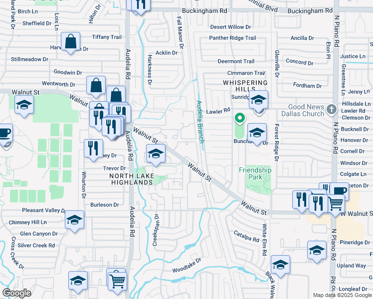 map of restaurants, bars, coffee shops, grocery stores, and more near 9999 Walnut Street in Dallas