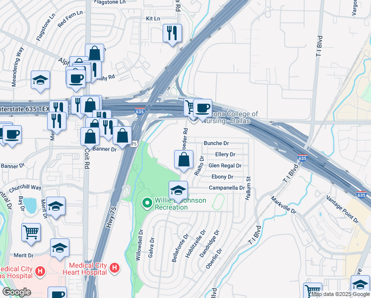 map of restaurants, bars, coffee shops, grocery stores, and more near 8206 Bunche Drive in Dallas