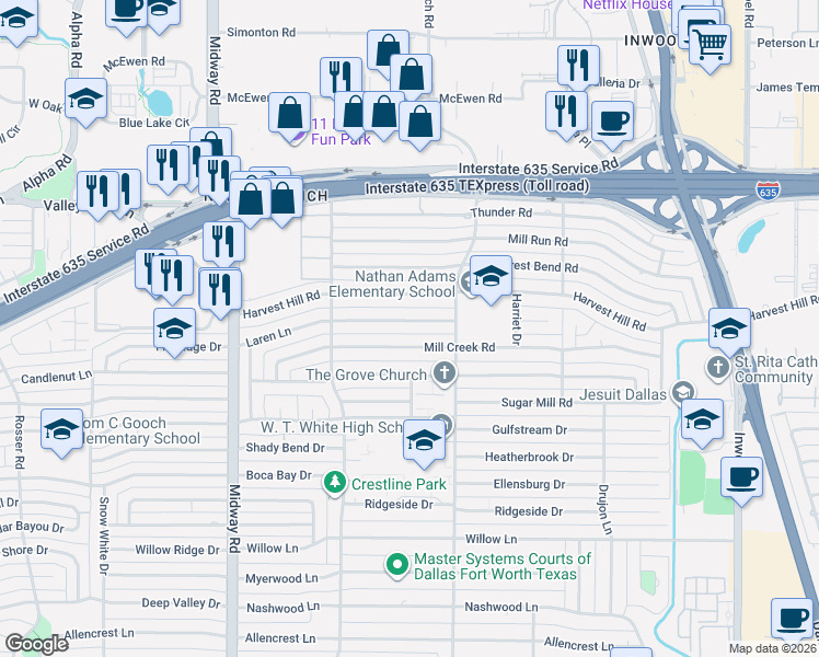 map of restaurants, bars, coffee shops, grocery stores, and more near 4526 Mill Creek Road in Dallas