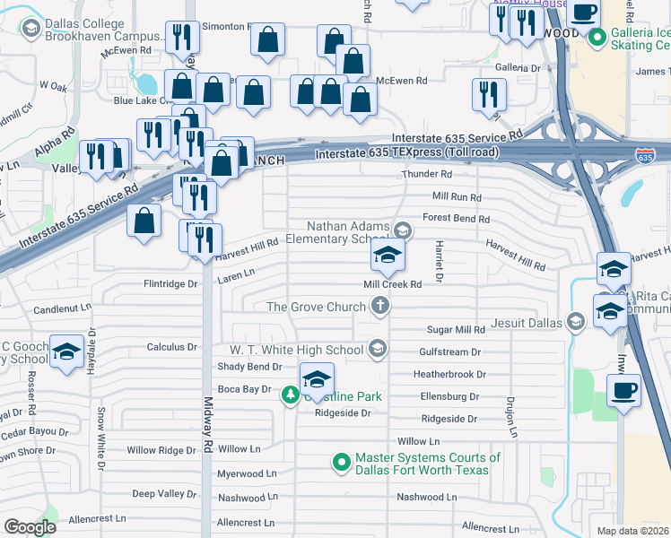 map of restaurants, bars, coffee shops, grocery stores, and more near 4446 Mill Creek Road in Dallas