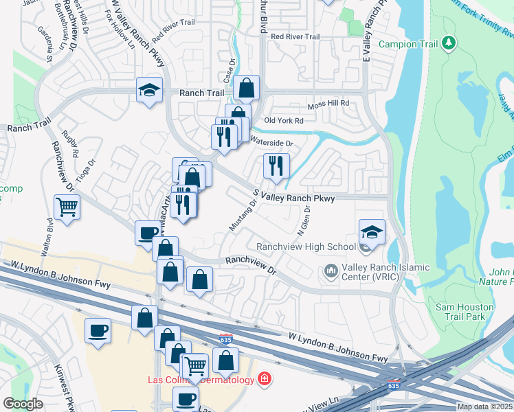 map of restaurants, bars, coffee shops, grocery stores, and more near 454 Southridge Way in Irving