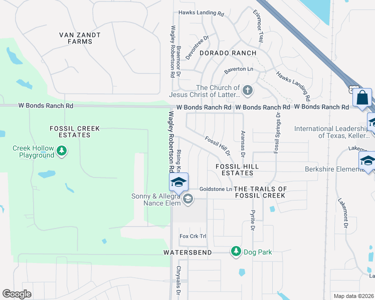 map of restaurants, bars, coffee shops, grocery stores, and more near 10512 Rising Knoll Lane in Fort Worth