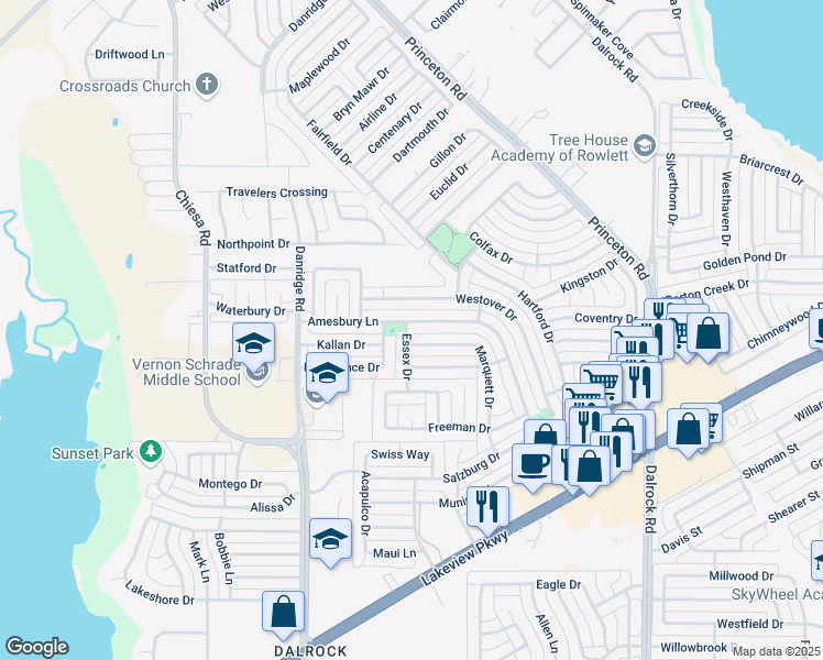 map of restaurants, bars, coffee shops, grocery stores, and more near 7802 Amesbury Lane in Rowlett