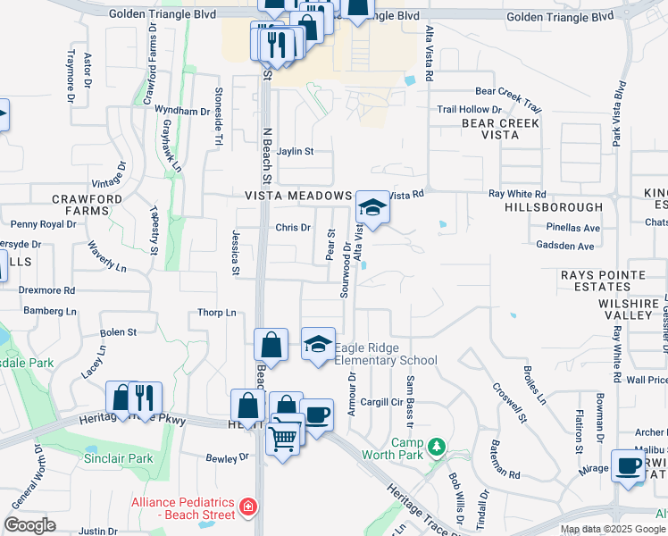 map of restaurants, bars, coffee shops, grocery stores, and more near 10012 Pear Street in Fort Worth