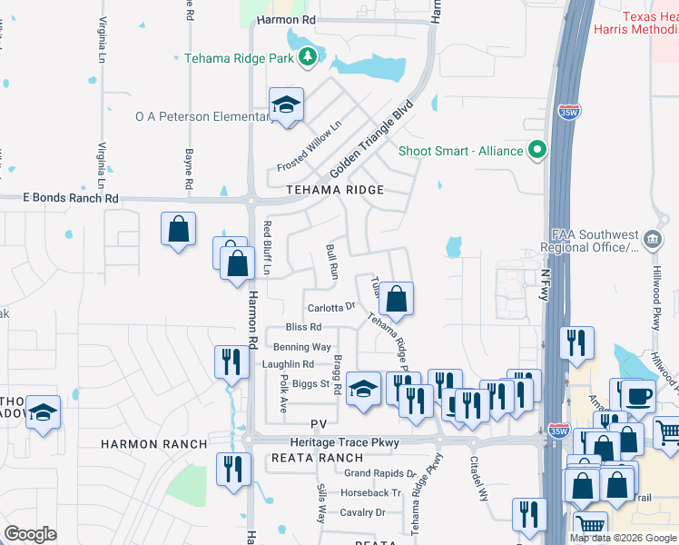 map of restaurants, bars, coffee shops, grocery stores, and more near 10100 Bull Run in Fort Worth
