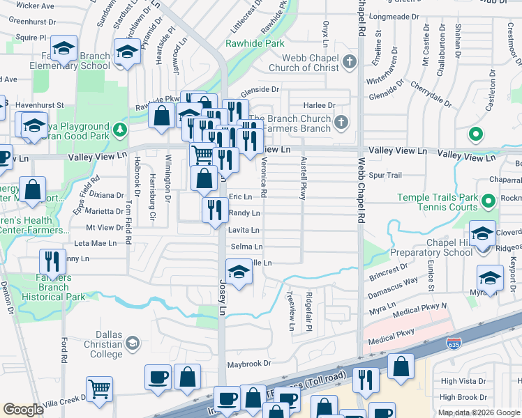 map of restaurants, bars, coffee shops, grocery stores, and more near 2949 Eric Lane in Farmers Branch