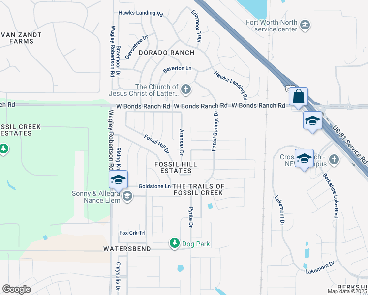 map of restaurants, bars, coffee shops, grocery stores, and more near 10504 Aransas Drive in Fort Worth
