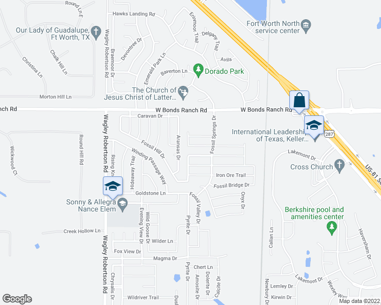 map of restaurants, bars, coffee shops, grocery stores, and more near 436 Lead Creek Drive in Fort Worth