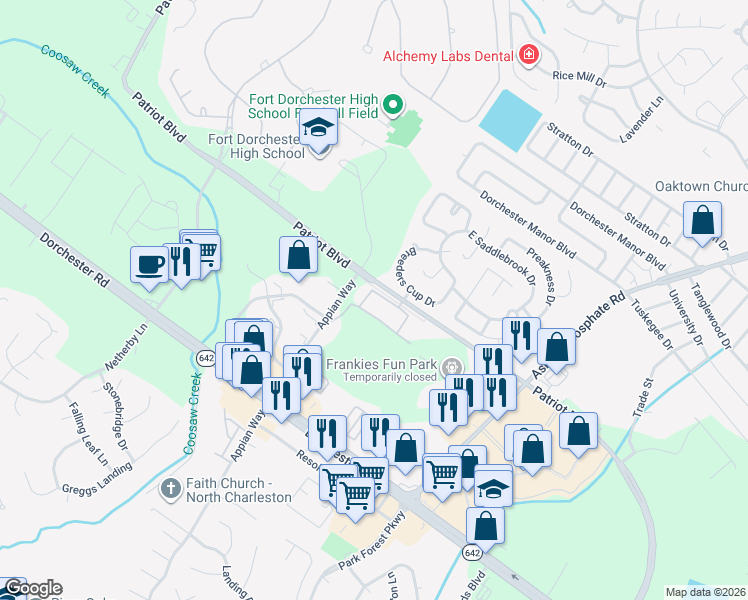 map of restaurants, bars, coffee shops, grocery stores, and more near 8465 Patriot Boulevard in North Charleston