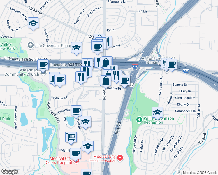 map of restaurants, bars, coffee shops, grocery stores, and more near 12770 Coit Rd in Dallas